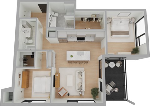 a floor plan of a two bedroom apartment with a bathroom and kitchen